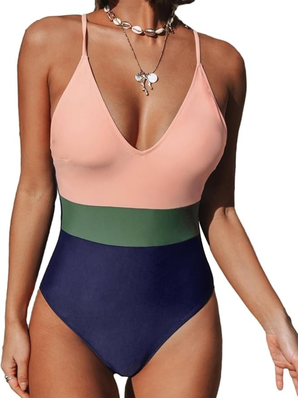 NWT Size M Cupshe Peach, Green & Navy Colorblock One-Piece Swimsuit
